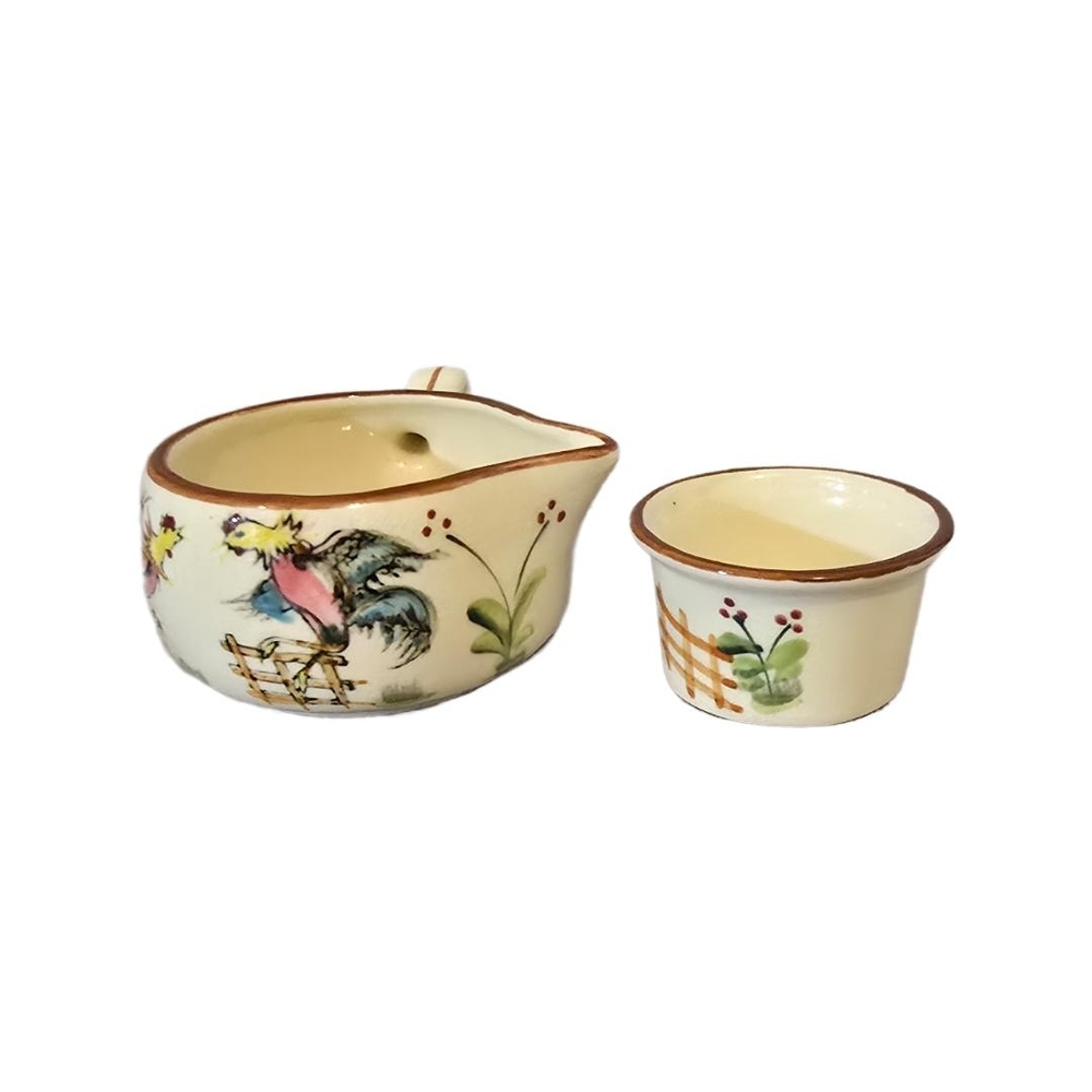 Hand-Painted Cream Ceramic Creamer and Ramekin Set with Rooster Motif